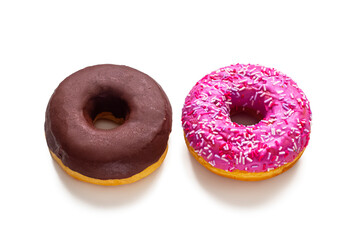 Round glazed donuts with a hole, on a white background