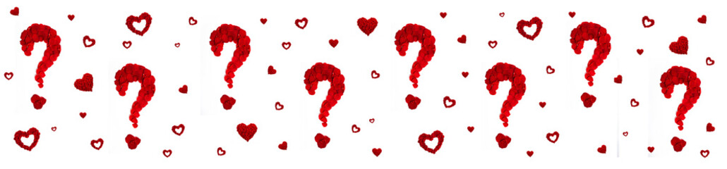 Question marks with a heart from a red rose flower rose petals on a white background as a design and background with space for text concept of love spa tenderness of fragrance flowers, love question