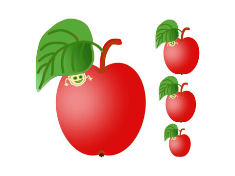 Apples and worm, red fruits of different sizes, with green leaves, on a transparent background, pictures for children