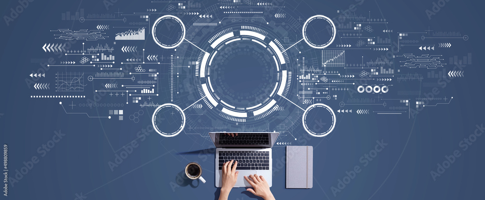 Aufkleber tech circle with person working with a laptop