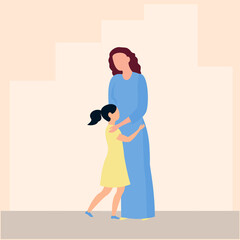 flat vector illustration of mother and daughter in yellow-blue color on empty city background. the problem of refugees during the war. mothers Day. March 8. help women and children.