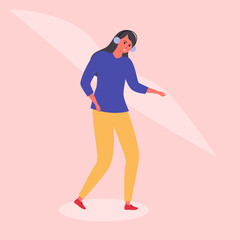 
beautiful girl in headphones listens to music and dances. flat vector illustration. Youth lifestyle and modern technologies. young sexy woman in trendy clothes is having fun. DJ. leisure.