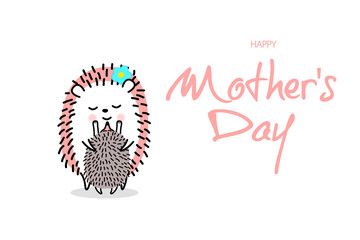 Mothers Day. Mom hedgehog hugs baby hedgehog. Love, Family.