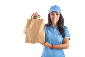 Beautiful delivery woman in an uniform holding a takeaway paper bag waiting for her customer....