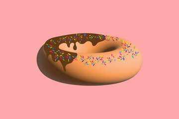 Beautiful donut with chocolate on a delicate pink background Food icon 3d render