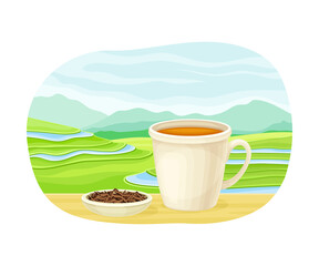 Obraz premium Tea Green Terrace Field Plantation and Ceramic Mug with Hot Aromatic Beverage Brewing Vector Illustration