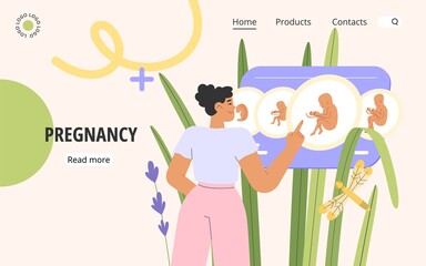 Flat vector illustration with happy female character planning a pregnancy or looking at the development of a baby fetus in the womb. Concept of pregnancy.