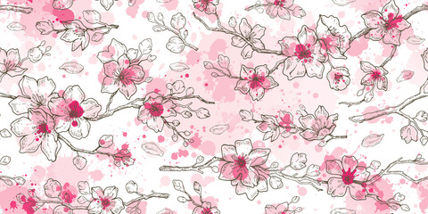Flower blossom pattern. Sakura cherry, almond vector seamless background. Japanese tree spring watercolor illustration. Floral pink branch wallpaper. Abstract flower blossom. Sakura cherry sketch art