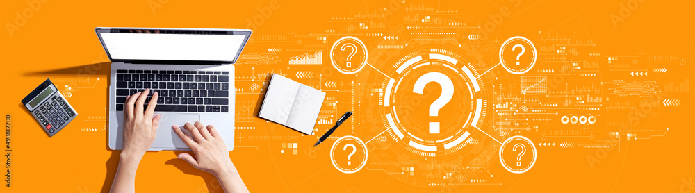 Aufkleber question marks with person using a laptop computer