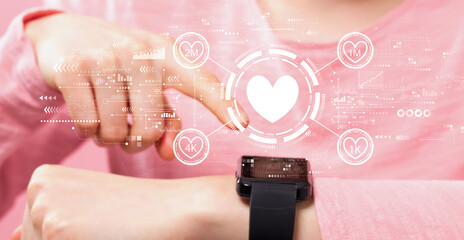 Get more likes concept with woman pressing a smart watch