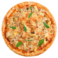 Delicious classic Hawaiian Pizza with chicken, pineapple, olives and mozzarella cheese