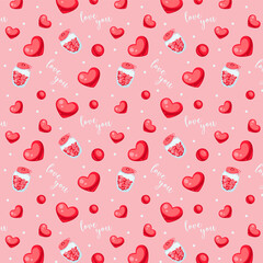 Seamless pattern of red hearts dots and jars with hearts on a pink background. Valentines Day