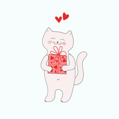 Cartoon cat with a gift and hearts. Cute kitten and gift boxes. Gifts in festive packaging. Postcard design. Vector illustration.