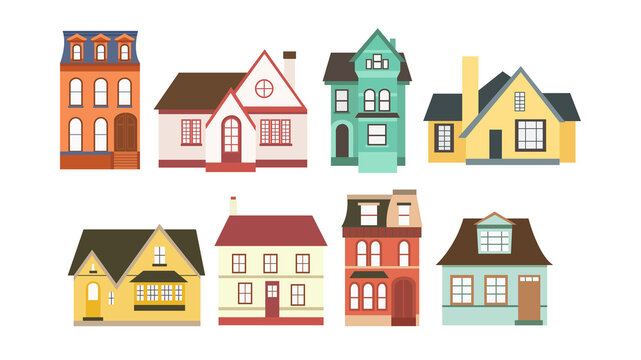 Set of houses in cartoon style. Vector illustration of city and country house, townhouse and cottage with front view on white background.