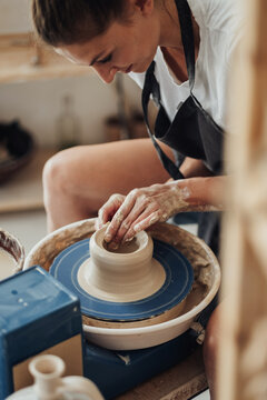 Female Pottery Master at Work in Her Clay Studio, Young Entrepreneur Woman Happy Owner of a Small Business