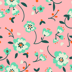 Naive flowers themed seamless vector print design. Can be used for girl, t-shirt print, kids wear, poster, wallpaper, celebration, greeting card and invitation.