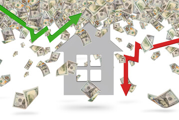 Real estate market, graph, up arrow. House model and a stack of coins. The concept of inflation,...