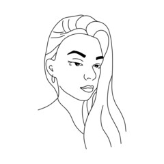 Beautiful pensive girl in a linear style looking down. Hair on one side. Black and white vector isolated illustration hand drawn. Young stylish woman