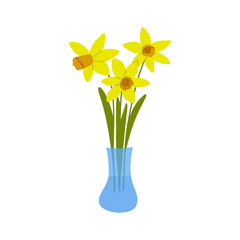 Daffodils flowers in a vase. Three narcissus flowers. Colorful hand drawn vector illustration isolated