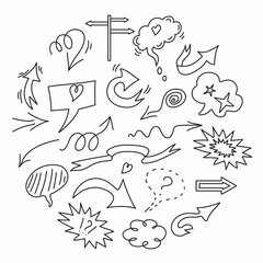 Vector doodle elements set, black on a white background. Arrows, heart,  items for conceptual design.