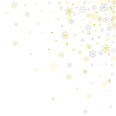 Gold snowflakes frame on white background. New year theme. Stylish shiny Christmas frame for holiday banner, card, sales, special offers. Falling snow with gold snowflakes and glitter for party invite