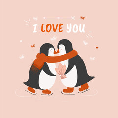 Cute penguin on the skates characters vector cartoon illustration for card. 