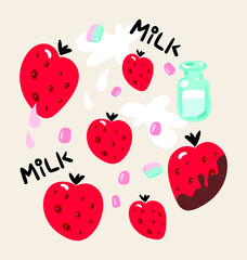 Vector illustration theme - milk and strawberries, milkshake, strawberries in chocolate, cuisine, food, delicious, sweets, menu, breakfast, cooking for decor print advertising.