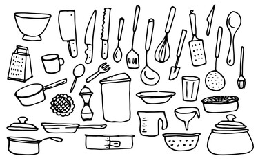 kitchen utensils set of doodle icons. hand-drawn in a simple and stylish grater, ladle, bowl, baking tray, baking dish, knives, whisk, mug, ladle, sieve, spoon, frying pan, colander insulated black co