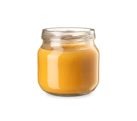 Front view of fruit baby puree jar isolated on white background