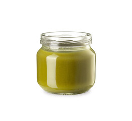 Broccoli baby puree jar isolated on white background