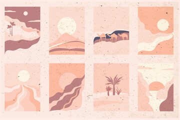 Set of abstract contemporary aesthetic backgrounds landscapes set with sunrise, sunset. Earth tones, pastel colors. Mid century modern minimalist art print. Mountains and palms. Set of posters.
