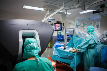 Robotic surgery in the operating room during a hysterectomy. - 498815885