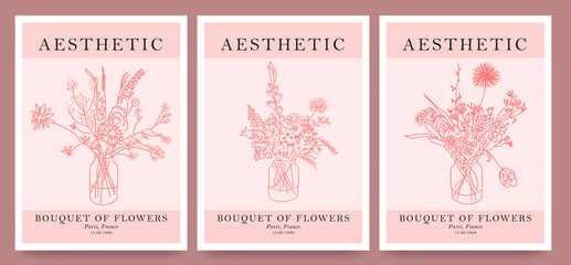 Collection of fashion posters in a minimalist style with bouquets of flowers drawn in one line style. For printing, wall decor, tattoos, postcards