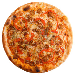 View from top on tasty pizza with sausages, bell pepper, mustard and lot of cheese