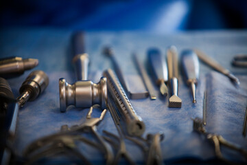 Orthopedic surgical instruments in the operating theater of a hospital.