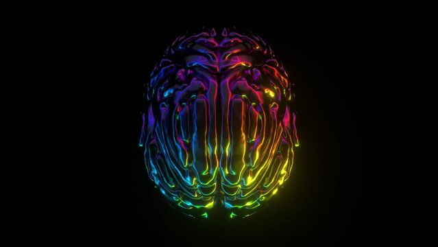 Abstract glowing colorful illustration of chrome brain on black background. Human anatomy. Neon style. Artificial intelligence and future concept. Seamless loop, 3d animation in 4K