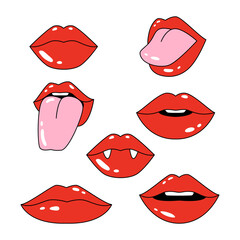 Comic female red lips. Cartoon style. Hand drawn mouths with smile, tongue out, vampires teeth. Vector illustration.