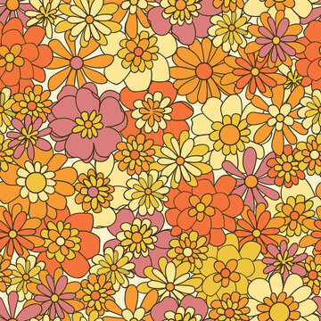 Boho vector background. Floral vintage seamless pattern. Hippie flower power retro textile print. Groovy botanical wallpaper