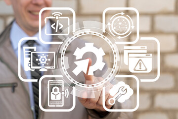 Concept of API Application Programming Interface Integration. Software Development and Testing. Integrate Application. Man using virtual touchscreen presses icon of gear with arrow.