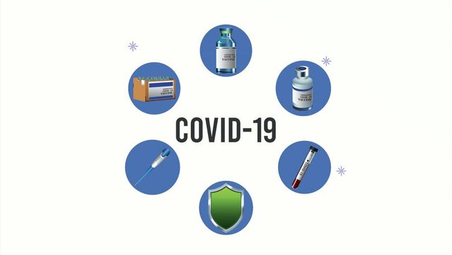 covid19 pandemic lettering with icons around