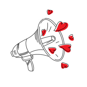 Megaphone with flying hearts. Sketch drawing, illustration on a white background. Megaphone vector logo template.