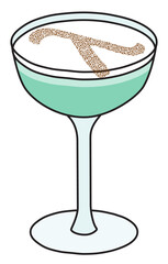 Grasshopper cocktail in coupe glass with lambda LGBT equality sign. For gay bar diversity pride party invitations, cards or stickers. Doodle cartoon illustration isolated on white background.