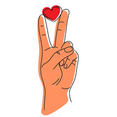 Peace hand gesture sign with heart in fingers. Peace love concept.Vector sketch illustration isolated on white background
