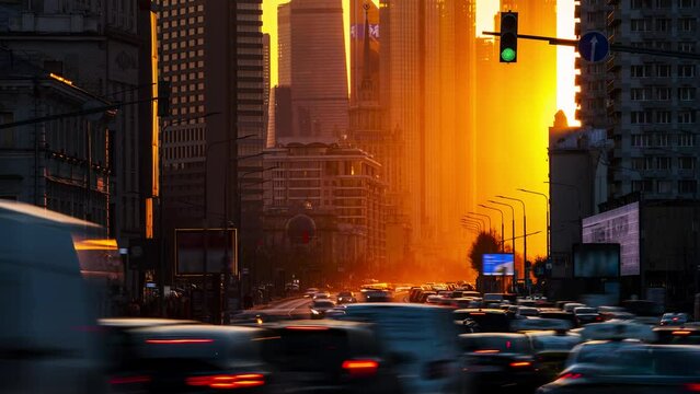 Time lapse of traffic at rush hour during sunset in Arbat street. Moscow, Russia