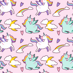 seamless pattern with cartoon unicorns, rainbows, clouds, decor elements on a neutral background. Colorful vector flat style for kids. Animals. baby design for fabric, print, wrapper EPS