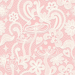 Fototapeta premium Psychedelic hippie seamless pattern. Lace texture vector illustration. Groovy botanical background with flowers and mushrooms. 60s hippy aesthetique
