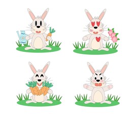 Fototapeta premium Cute_rabbit Rabbit character. Emotions. Rabbit gardener, loving, happy and angry. Vector flat illustration isolated on white background 