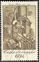 Cancelled postage stamp printed by Czechoslovakia, that shows Hunting theme - Still-life with Hare,...