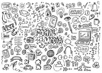 Social media hand drawn doodles, vector illustration on white background - obrazy, fototapety, plakaty