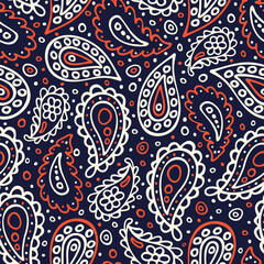 Abstract paisley seamless pattern. Traditional Indian ornamental textile design. Hand drawn vector background.